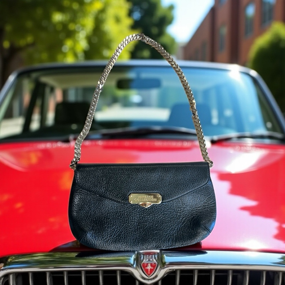 Versace Black Pebbled Leather Shoulder Bag OR Clutch with Gold Chain A BEAUTY